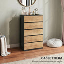 Cassettiera 5 Cassetti 60x39x100 cm con Guide in Metallo e Maniglie Scanalate in Legno Nero e Rovere      