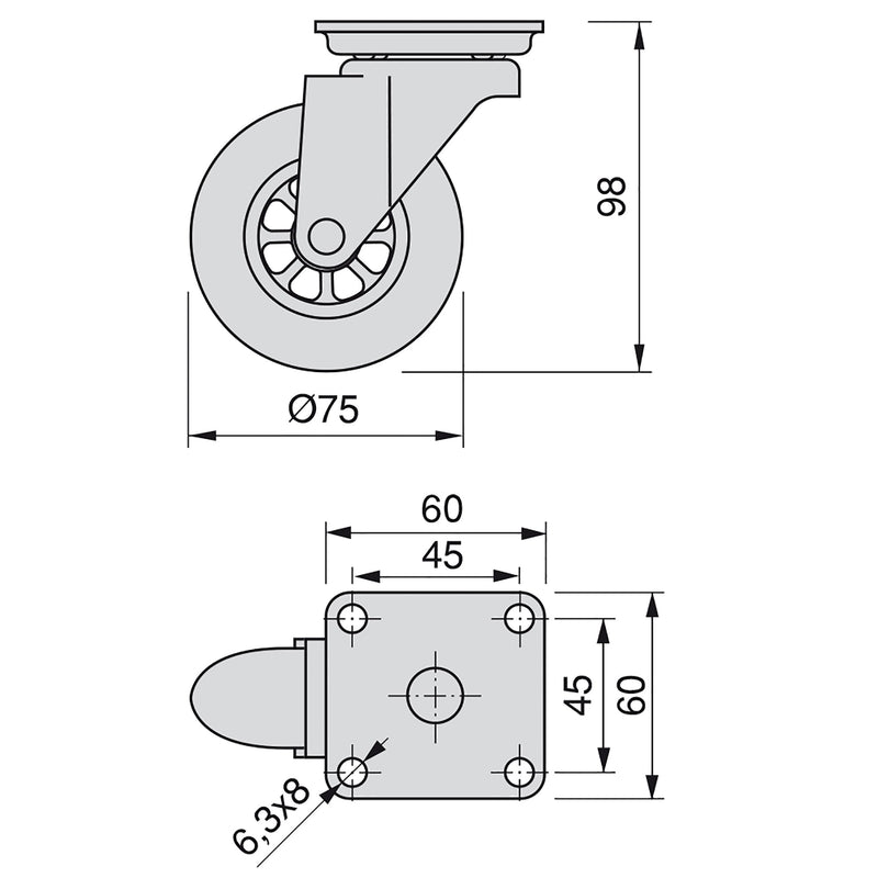 Kit 4 Ruote Slip per Carrello Ø7,5 cm con Piastra di Montaggio in Acciaio Emuca Trasparenti