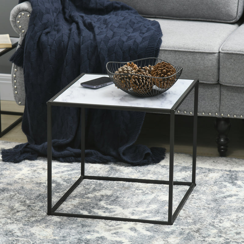 Set 2 Tavolini Quadrati Impilabili in Acciaio e Vetro Temperato Nero e Effetto Marmo