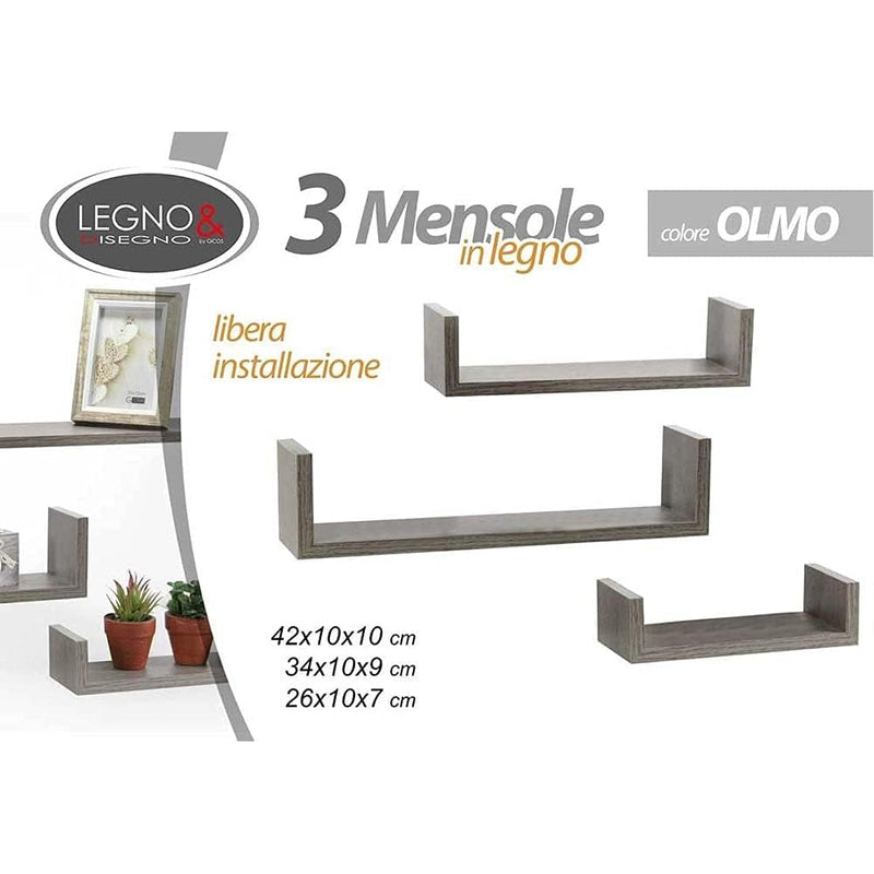 Set 3 Mensole da Parete Moderne Design con Bordi Mensola Scaffale Legno Olmo-2