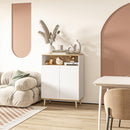 Credenza Cucina Scandinava 80x38x102 cm con 2 Ante Ripiano Regolabile e Gambe in Legno di Pino in Pannelli di Particelle Bianco e Rovere      