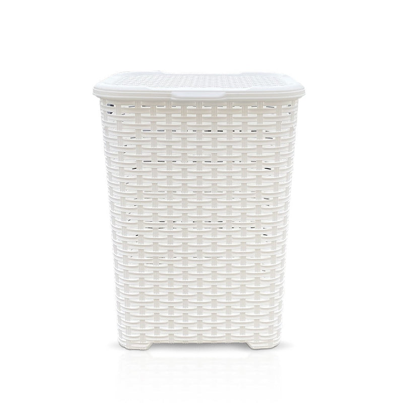 Set Accessori Bagno Cesto Biancheria Cestino Rifiuti Scopino in Rattan Bianco