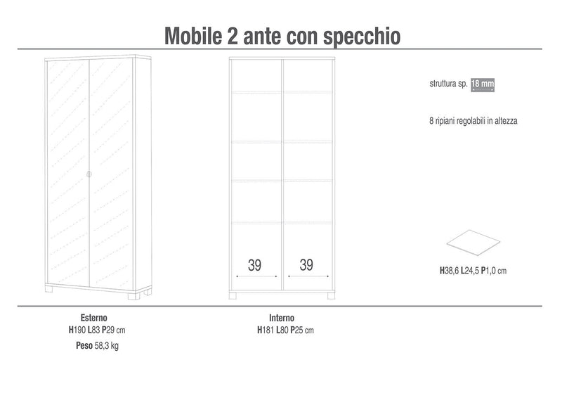 Armadio Multiuso 2 Ante con Specchio 83x190x29 cm Noce Stelvio