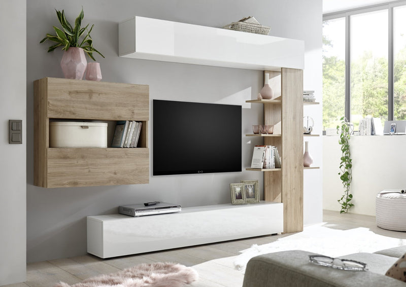 Parete Attrezzata Mobili Soggiorno Mobile TV Libreria 2 Pensili TFT Akira 1 Bianco e Rovere