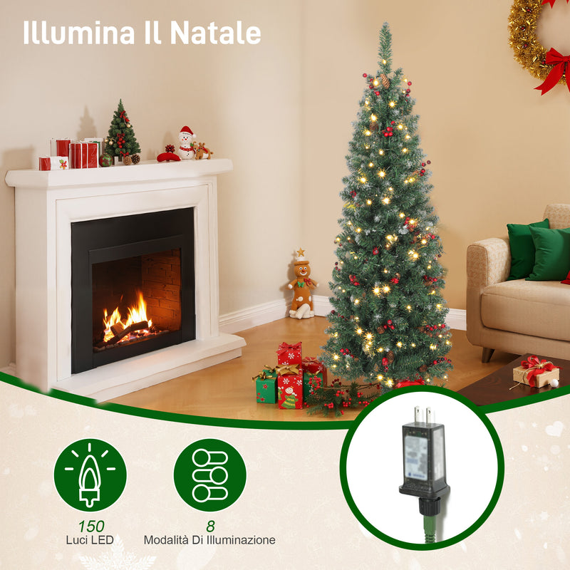Albero di Natale Illuminato 150 cm con 150 Luci LED 30 Pigne e 30 Grappoli di Bacche Verde e Argento      