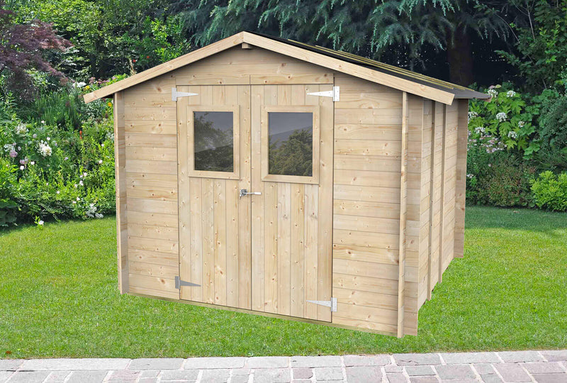 Casetta Box da Giardino per Attrezzi 248x248 cm con Porta Doppia Finestrata in Legno Naturale