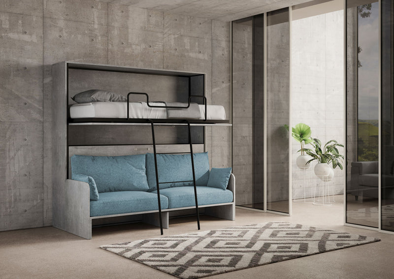 Letto Doppio A Scomparsa Kando Con Divano Con Materassi Cemento e Azzurro      