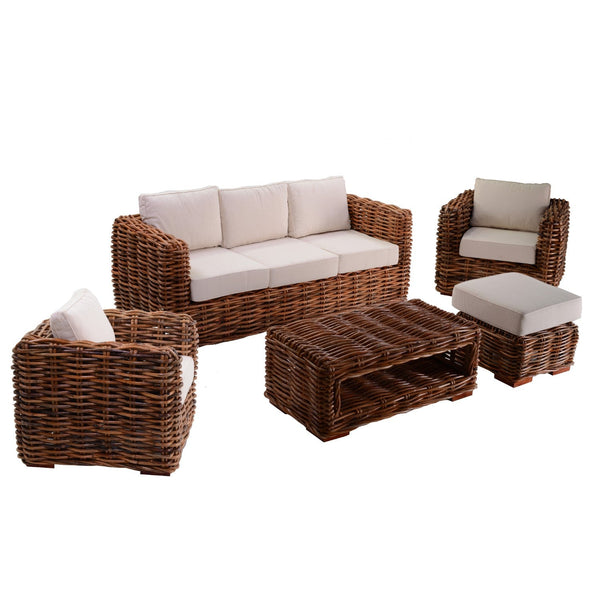 sconto Set Salotto da Giardino 2 Poltrone Tavolino Divano 3 Posti e Pouf in Rattan Manama Naturale