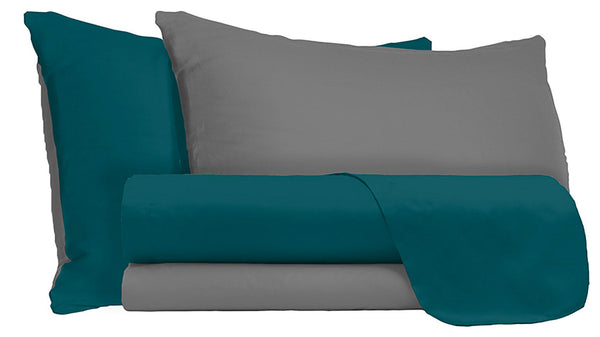 Set Lenzuola Sopra Sotto e Federe Doubleface Verde Petrolio\/Fumo Varie Misure online