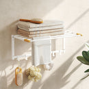 Portasciugamani a Parete Pieghevole 60x32,5x20 cm con 5 Barre e 6 Ganci in Legno e Acciaio Bianco      