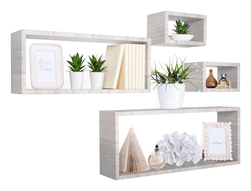 Set 3 Mensole Cubo da Parete Quadrato e Rettangolare in Fibra di Legno Merlino Rovere Grigio