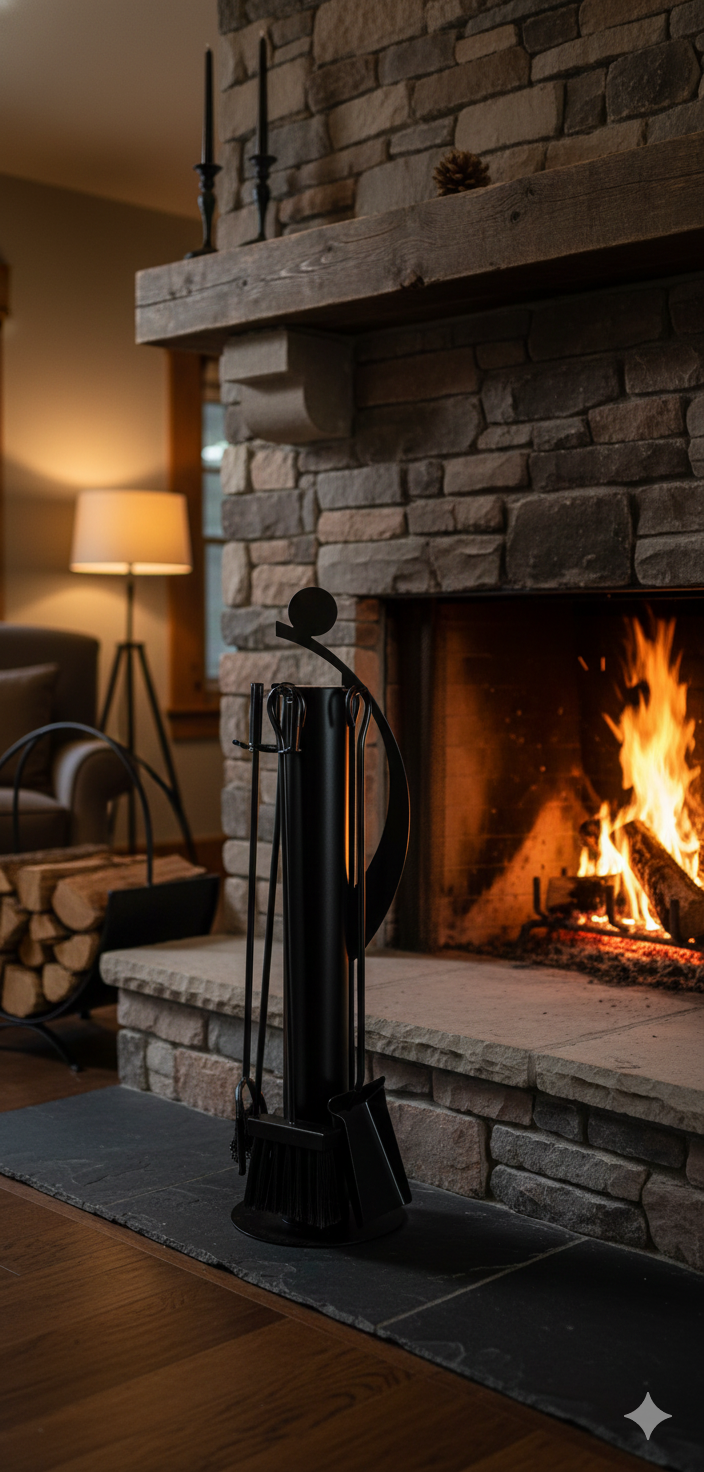 Trespolo per Attrezzi Camino Tubolare ed Elementi Decorativi con Paletta Scopino Attizzino e Pinza 18x18x63 cm in Ferro Verniciato