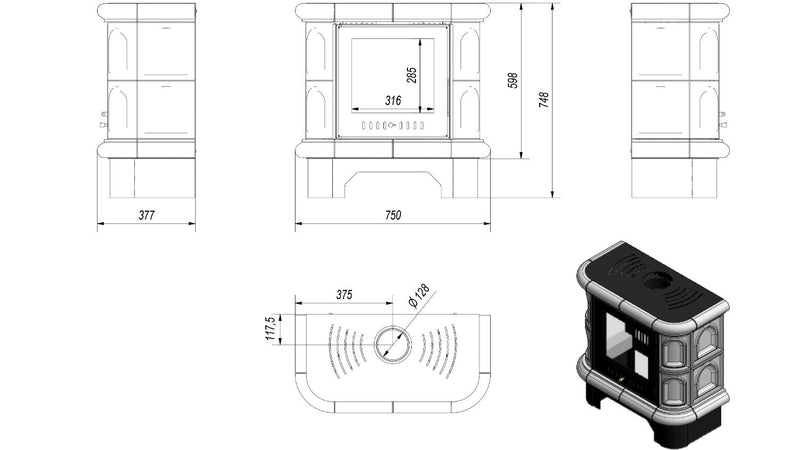 Stufa a Legna 75x74,8x37,7cm Flig Wilmington Bianca con Piastrelle Bianche