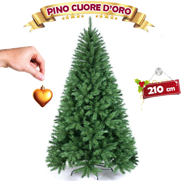 acquista Albero Di Natale 210 Cm Pino Cuore D'oro Verde Folto 975 Rami Base A Croce