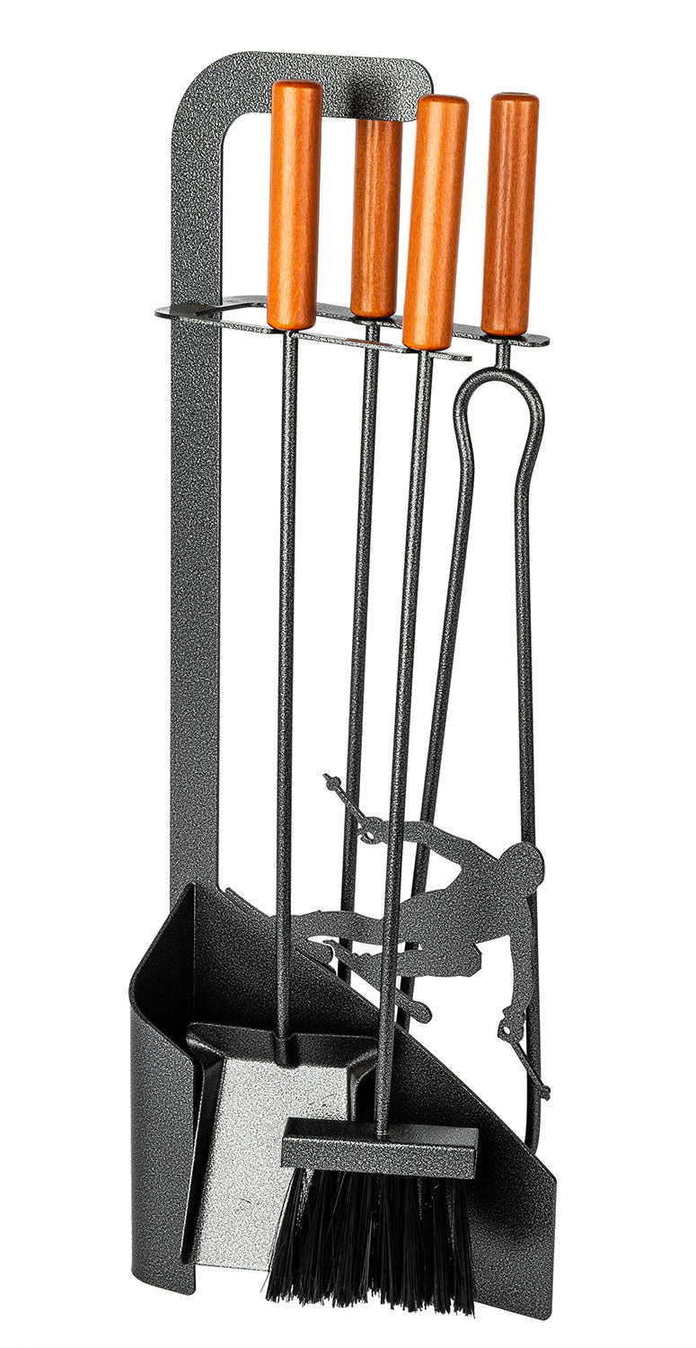 Trespolo per Attrezzi Camino Sagoma Sciatore con Paletta Scopino Attizzino e Pinza 15,6x23,5x65 cm in Ferro e Legno Grigio Martellato