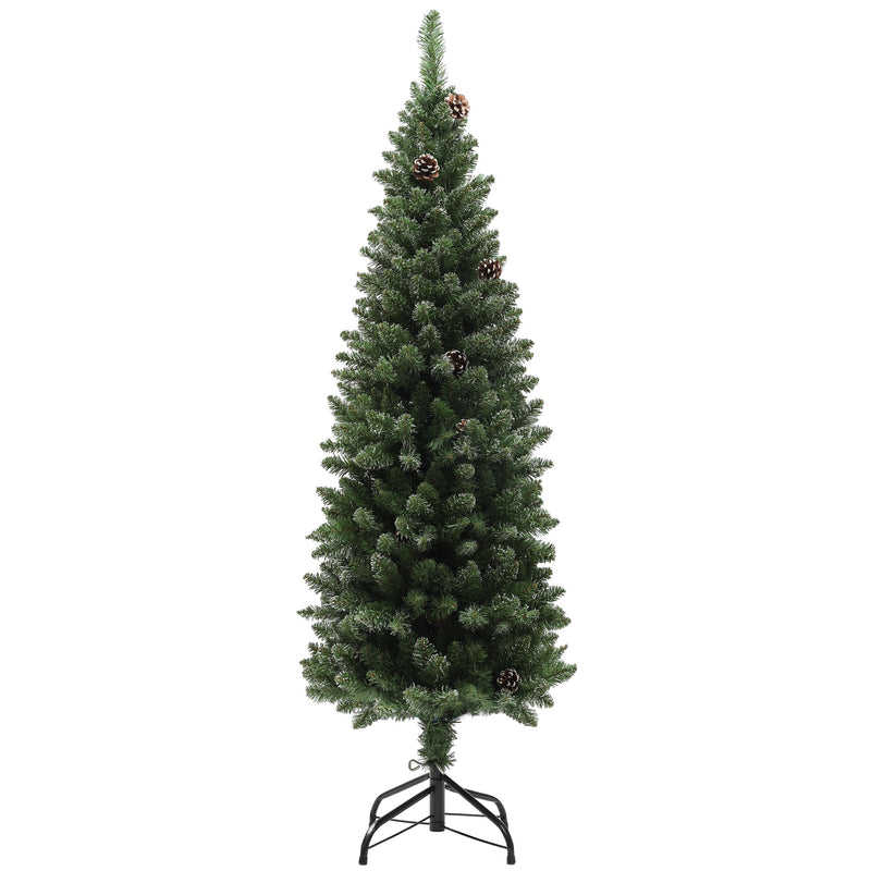 Albero di Natale Innevato Slim 150 cm 395 Rami con Pigne in Plastica e Acciaio Verde  