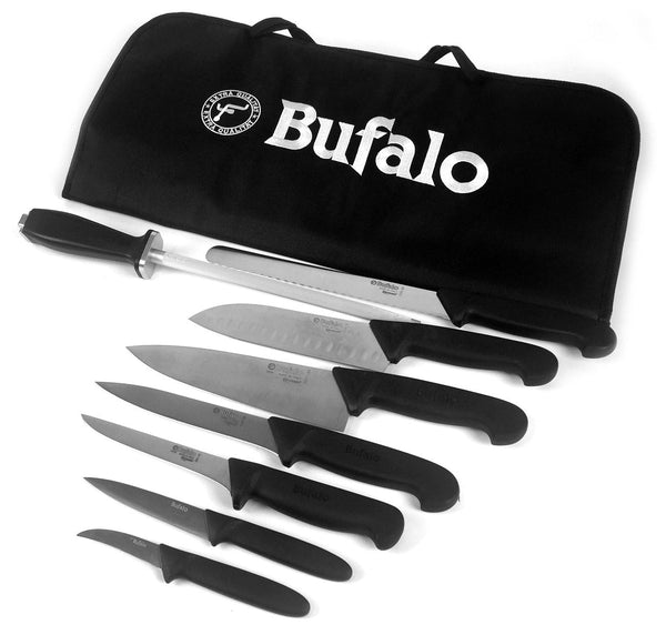 Set Coltelli 8 Pezzi Multiuso con Fodero Bufalo Kit Pro Manico Nero sconto