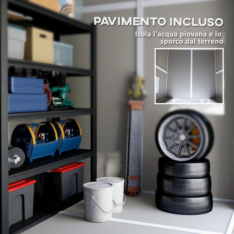 Casetta Box da Giardino 180x180 cm con Pavimento 2 Porte con Blocco e Finestra in Resina Grigio  