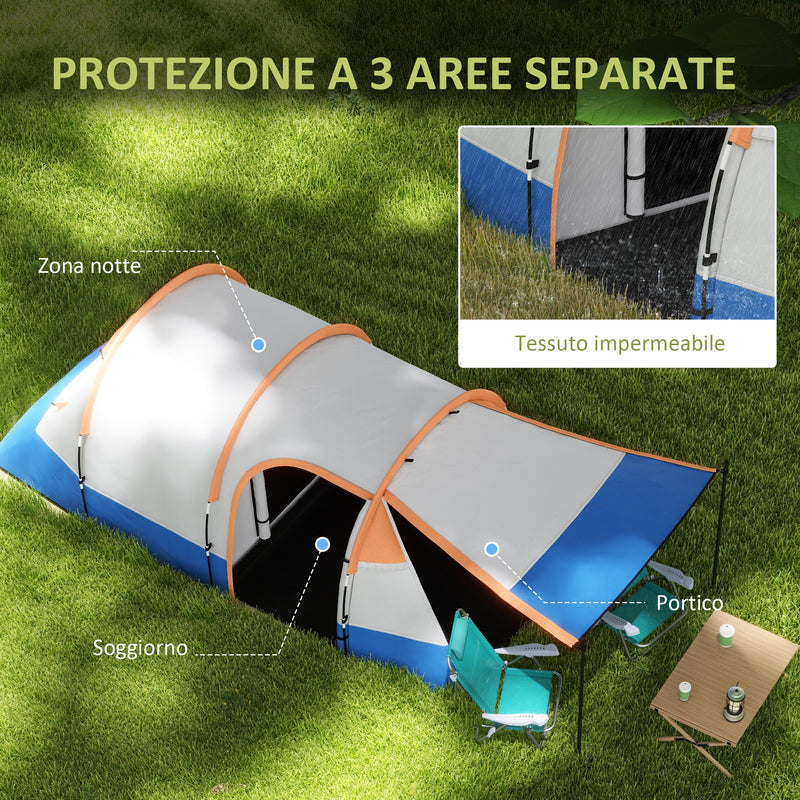 Tenda da Campeggio Impermeabile 420x200x150 cm con 2 Aree e 3 Ingressi in Poliestere e Fibra di Vetro   