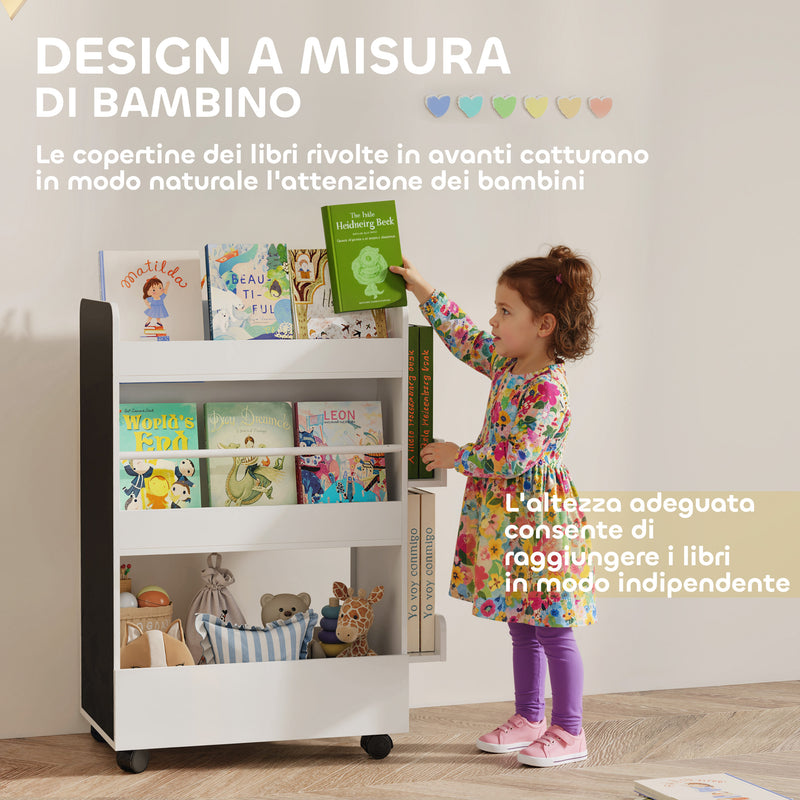 Libreria per Bambini 3-8 Anni  Scaffalea Due Lati Portagiochi con Ruote e Lavagna Nera in MDF Bianco      