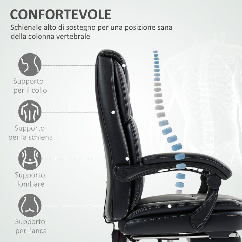 Sedia da Ufficio Reclinabile con Poggiapiedi Estraibile in Pelle PU Capacità 120 kg Nero      