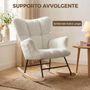 Sedia a Dondolo Imbottita 66x90x90 cm con Tasche Laterali e Schienale Alto in Velluto Teddy Bianco Crema      