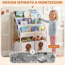 Libreria Montessoriana per Bambini 3-8 Anni 60x30x76 cm con 4 Ripiani e 2 Contenitori con Stampa di Leone in Truciolato Bianco      