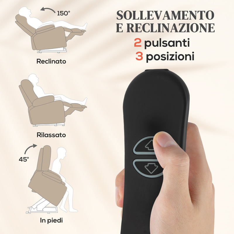 Poltrona Alzapersona Massaggiante e Reclinabile 93x104x105 cm con Telecomando in Tessuto Effetto Velluto Beige  