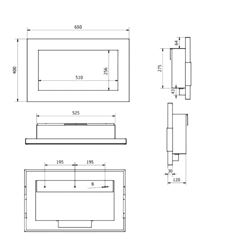 Camino a Bioetanolo da Parete 65x12x40 cm in Acciaio Inox Nero