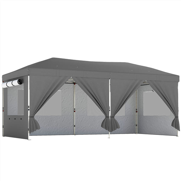 Gazebo Pieghevole 590x297x285 cm Pop Up con 6 Pareti Laterali Sacchi di Sabbia e Borsa in Tessuto UV50+ Grigio Scuro online