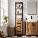 Mobile da Bagno a Colonna 37x30x167 cm Salvaspazio con Ante Soft Close a Persiana 3 Ripiani Aperti Struttura in Acciaio Marrone Rustico      