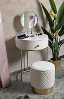 Comodino Toeletta con Puff Sharon Ø52x70 cm - Ø36x39 cm in Pino e MDF e Metallo e Plastica      