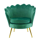 Poltrona Imbottita Schienale a Conchiglia in Velluto Piedi Oro Verde