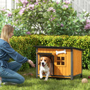 Cuccia per Cani da Esterno 84,5x62x65 cm Tetto Apribile e Tenda per Porta in Legno e Acciaio Giallo      