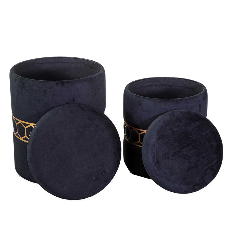 Set 2 Pouf Contenitore Ø35 cm e Ø39 cm in Tessuto Velluto Nero