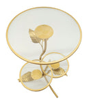 Tavolinetto 3 Ripiani Leaf Ø54x69,5 cm in Ferro e Vetro Oro      