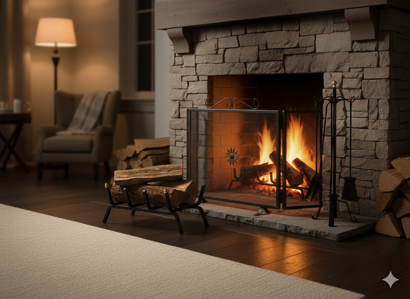 Set per Camino a Legna 3 Pezzi con Parascintille Portalegna e Trespolo Bauer Roccaraso