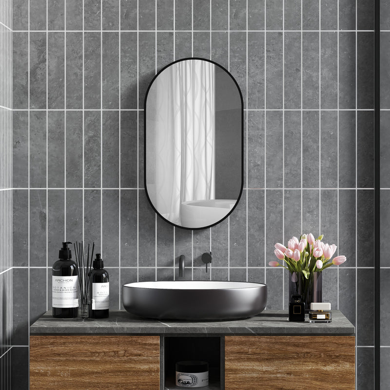Specchio da Bagno Ovale da Parete 60x90 cm con Cornice in Alluminio Nero   