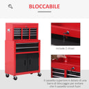 Carrello Porta Attrezzi 2 in 1 con Cassetta Superiore e Armadietto Inferiore 61,6x33x108 cm in Metallo Rosso      