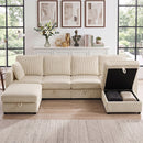 Divano Modulare a U 4 Posti 306x153x85 cm con 2 Pouf Contenitori e 4 Cuscini in Velluto a Coste Bianco Crema      