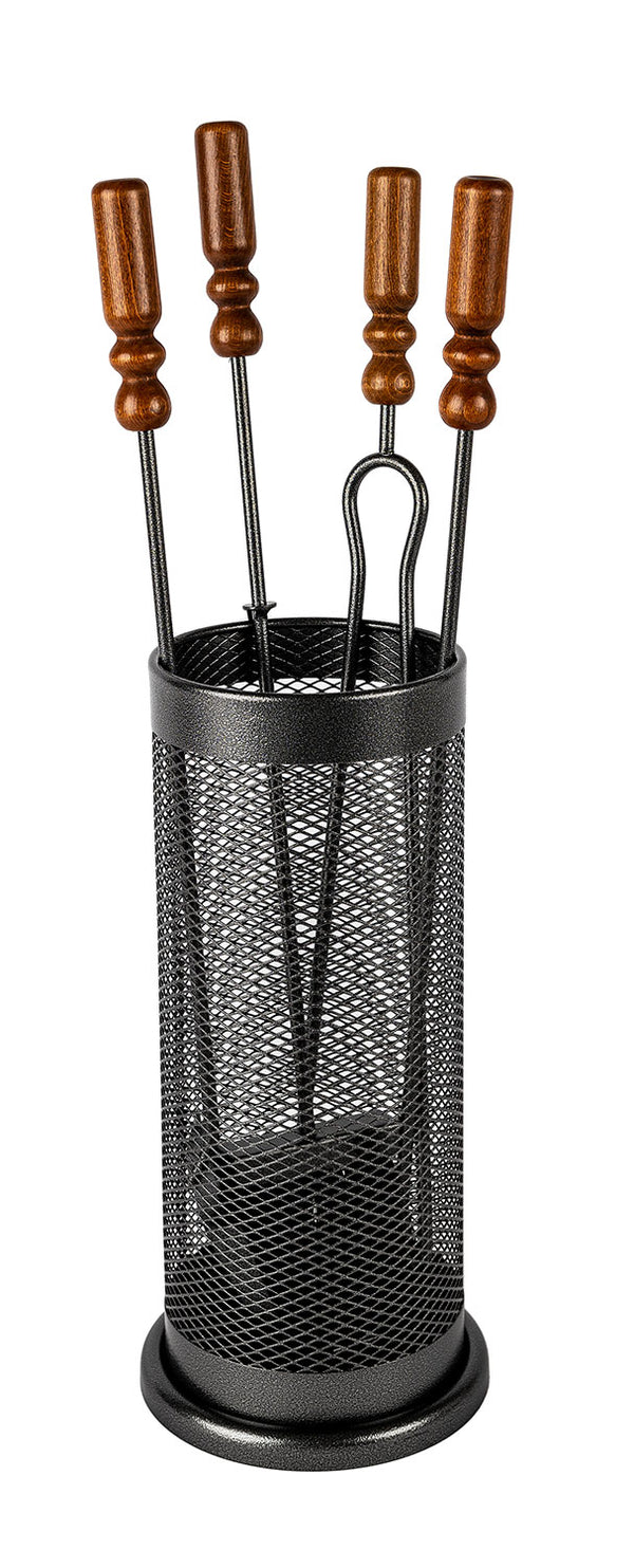 acquista Trespolo per Attrezzi Camino Barilotto a Rete con Paletta Scopino Attizzino e Pinza Ø18x62 cm in Ferro e Legno Grigio Martellato