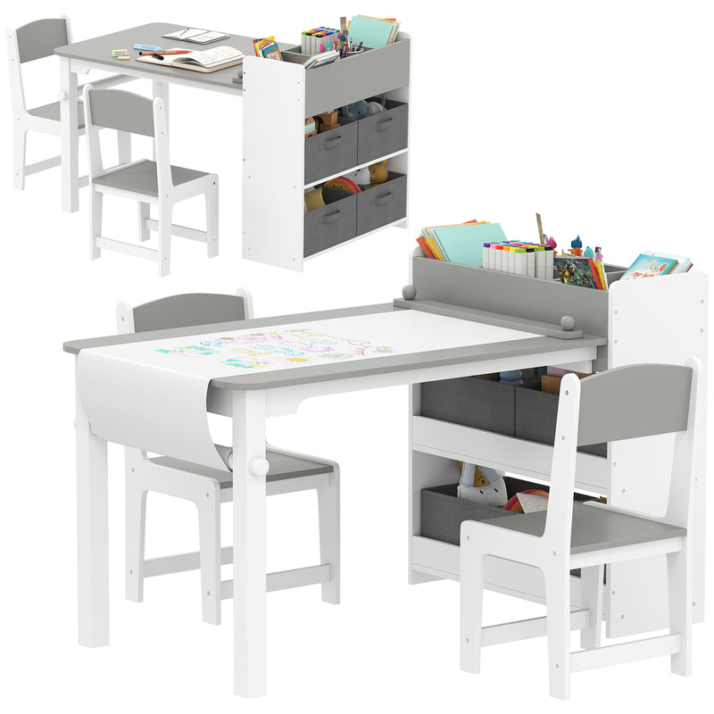 Set Tavolo e 2 Sedie per Bambini con Vani Contenitore 102,5x58x64 cm in Legno e Tessuto non Tessuto Grigio e Bianco  