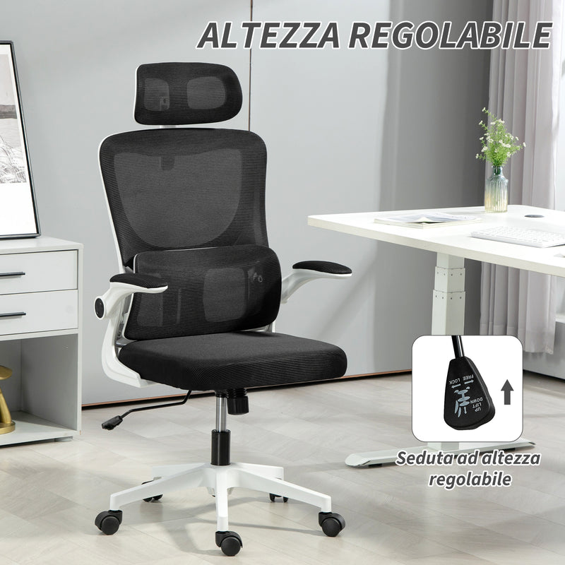 Sedia Ergonomica da Ufficio Girevole 60x59x114-122 cm con Poggiatesta Rimovibile in Tessuto a Rete Nero  