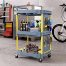 Carrello Portautensili a 3 Ripiani 64x48x95,5 cm con Pannello Forato Ganci Ruote a Freno e Maniglia in PP e Alluminio Grigio e Giallo      