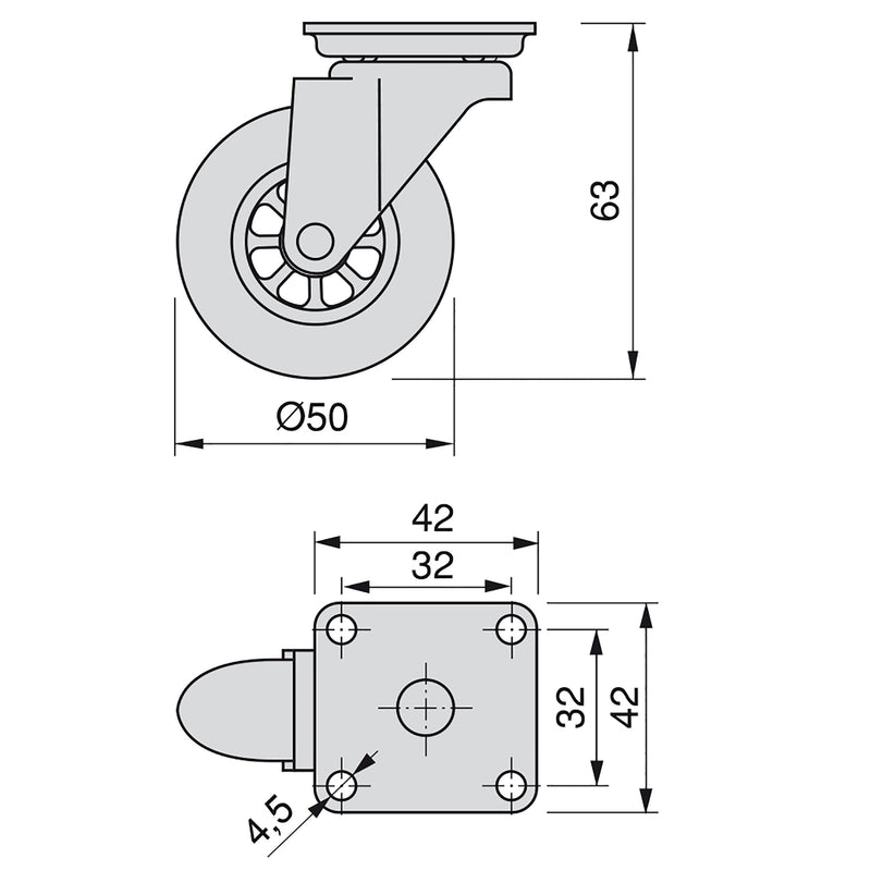 Kit 4 Ruote Slip per Carrello Ø5 cm con Piastra di Montaggio in Acciaio Emuca Trasparenti