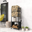 Porta Legna per Interni ed Esterni 45x30x118 cm con Ruote e 4 Utensili Pala Attizzatoio Spazzola e Pinze in Metallo Nero      