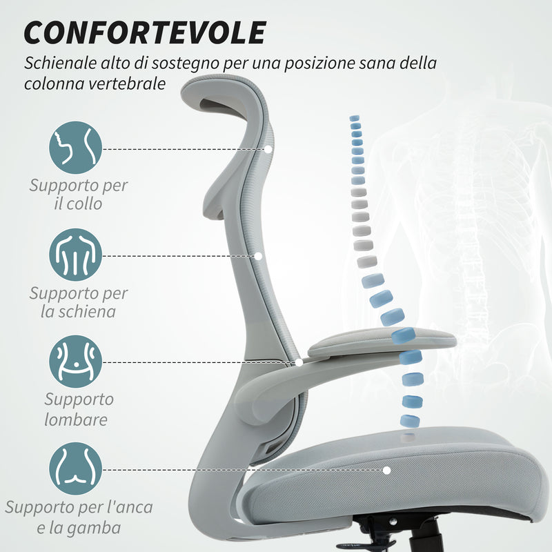 Sedia da Ufficio Ergonomica con Braccioli Regolabili Schienale a Rete e Poggiatesta Grigio      