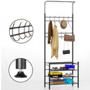 Stand Appendiabiti da Ingresso 9 Ganci con Scarpiera a 4 Ripiani in Metallo Nero 