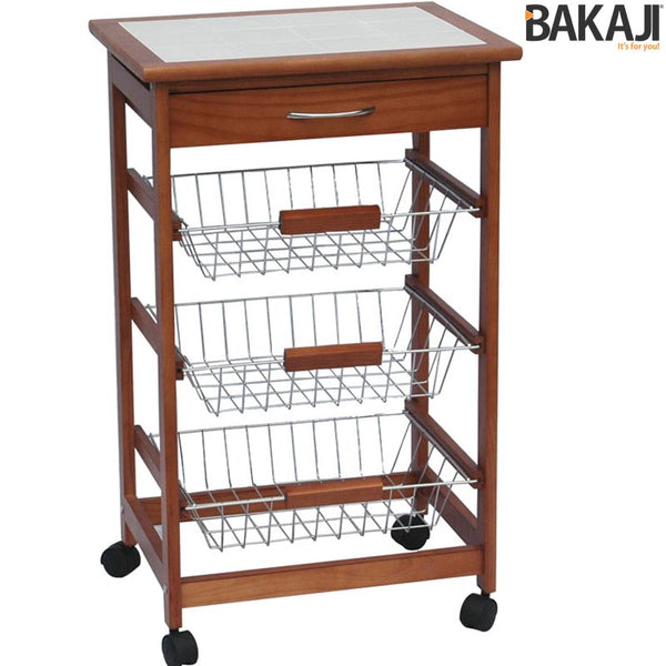 acquista Carrello Cucina in legno 3 Cestelli Acciaio e Ripiano 12 Mattonelle in Ceramica