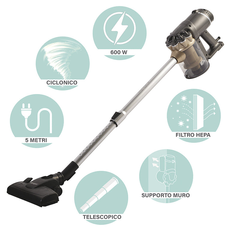 Aspirapolvere Ciclonico con Filo Scopa Elettrica 600W Kooper Airone 2.0 Grigio e Oro
